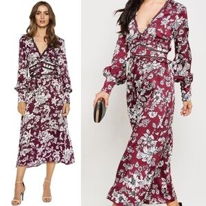 NWT BARDOT Floral Print Long Sleeve V-Neck Ruffle & Lattice Lace Midi Dress 4